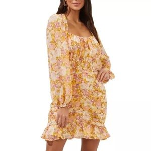 ASTR the Label Smocked Waist Ruched Yellow Peach Floral Dress XS